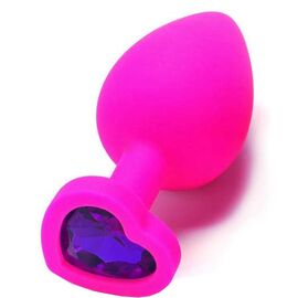 Пробка анальная силиконовая сердечко с фиолетовой стразой, Размер: Большой, Цвет: Розовый