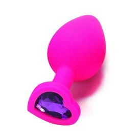 Пробка анальная силиконовая сердечко с фиолетовой стразой, Цвет: Розовый, Размер: Средний