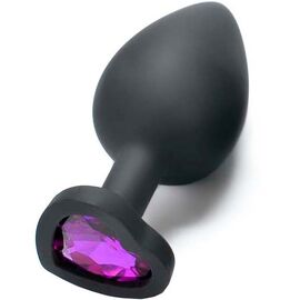 Пробка анальная силиконовая сердечко с фиолетовой стразой, Цвет: Чёрный, Размер: Большой